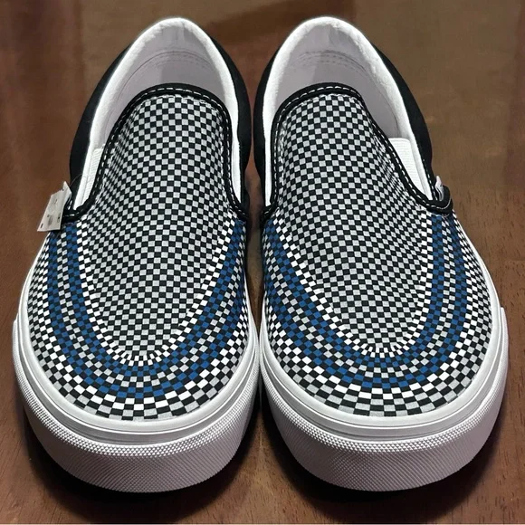 VANS Slip On Skate Shoes Black Blue Gray Mini Checkered NEW! Women’s 8 Men’s 6.5 - Picture 2 of 11